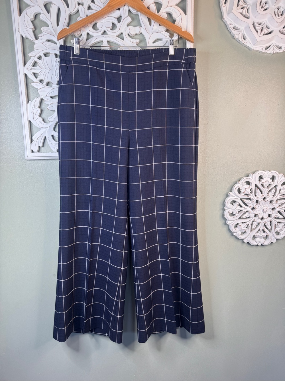 Chicos Windowpane Wide-Leg Pants - Navy Blue size 2R/12R